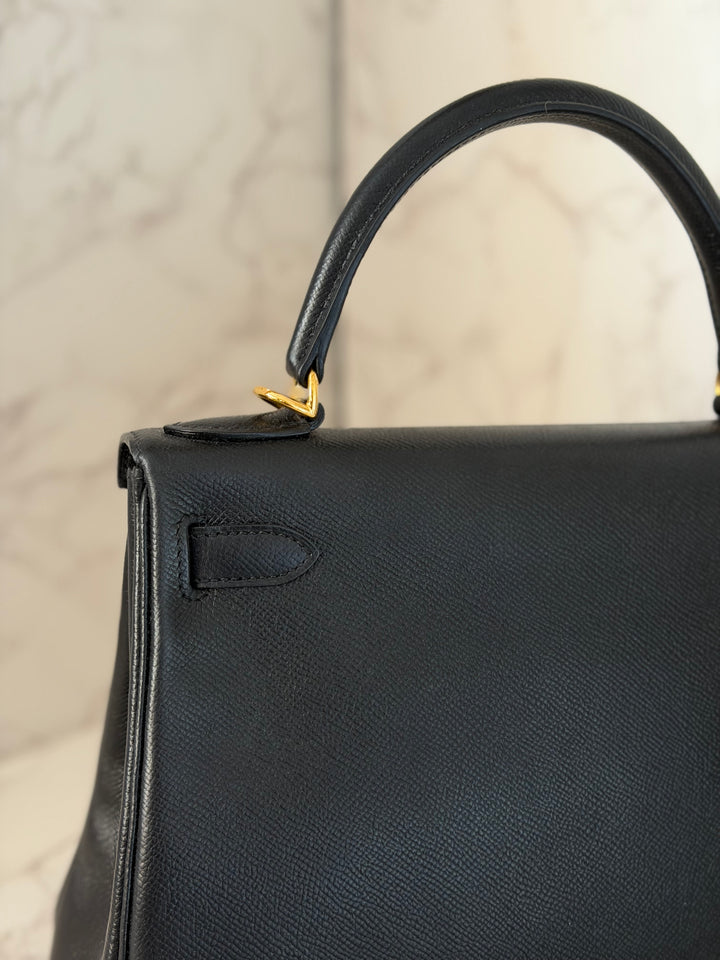 Hermes Noir/Black Epsom Leather GHW Kelly 28 stamp N 2010