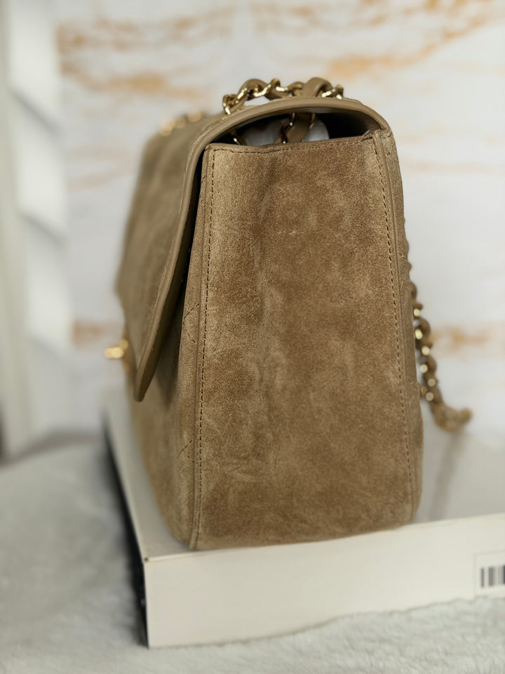 CHANEL 26S Beige Suede Leather LGHW Maxi Flap Bag 32 cms