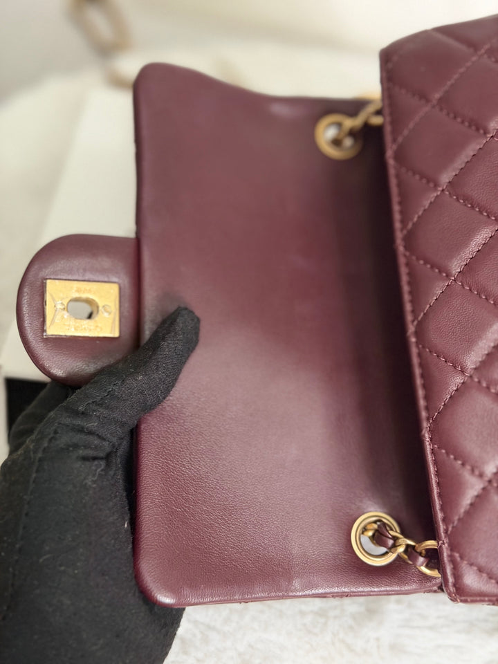 CHANEL 21B Burgundy Lambskin Aged GHW Pearl Crush Adjustable Chain Mini rectangular flap Bag 2021