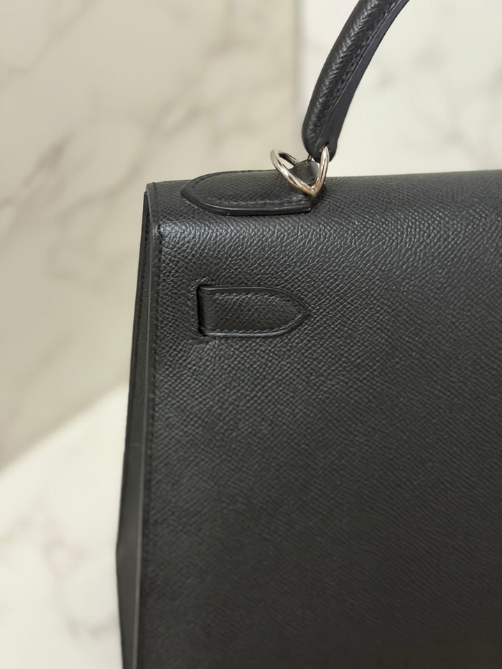 HERMES Black Noir Sellier Epsom Leather PHW Kelly 28 Stamp R 2014