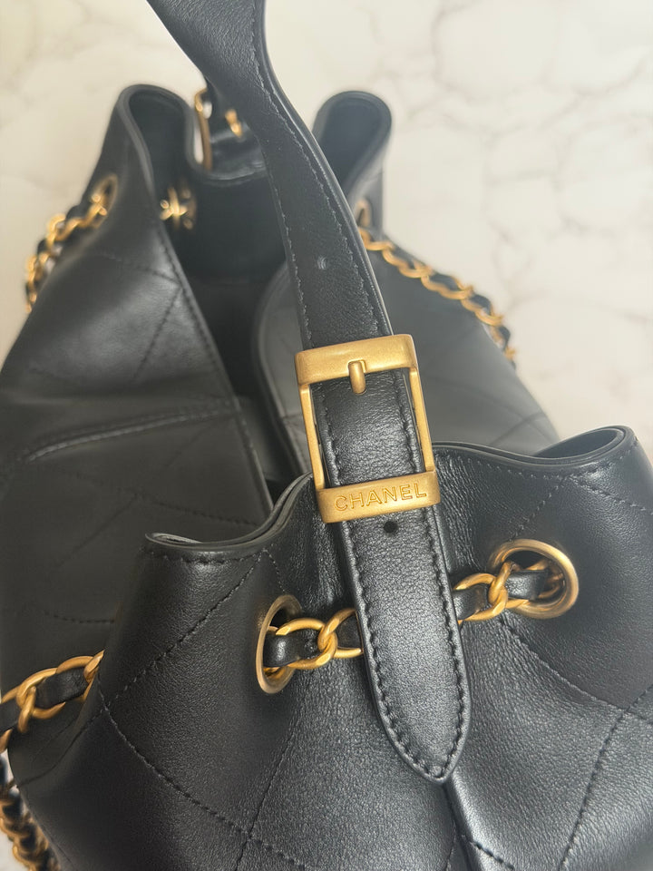CHANEL 25A Black Calf Skin aged GHW Hobo Shopping Bag size Small 2025