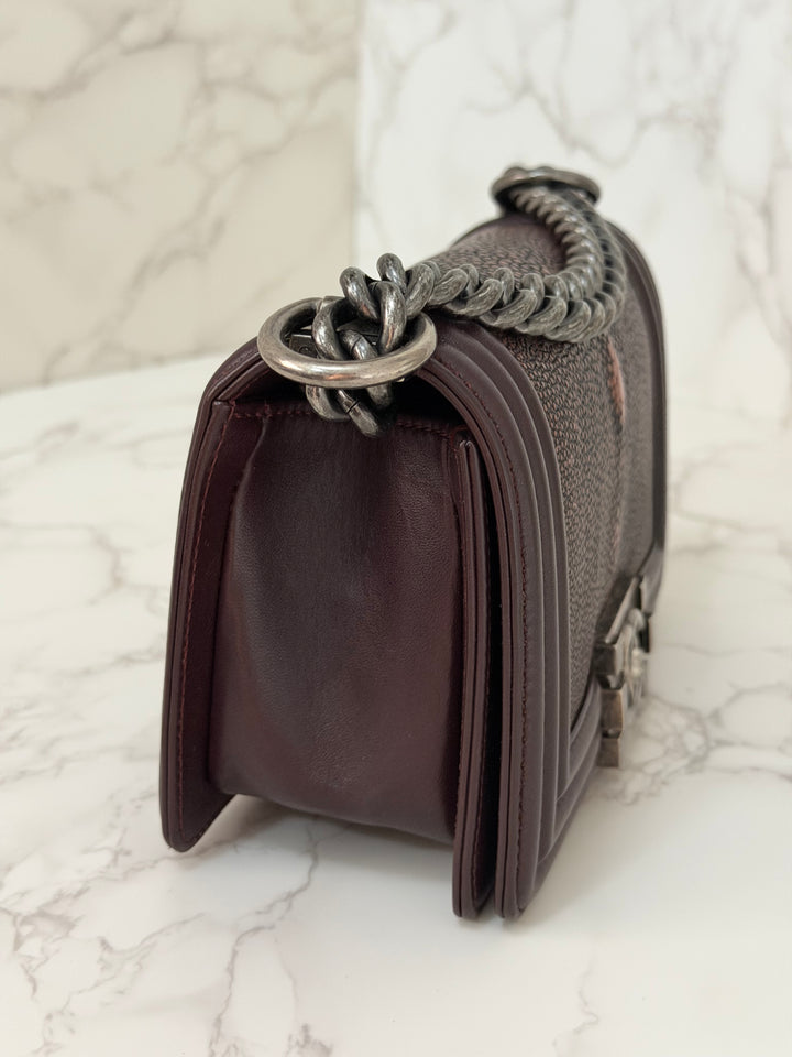 Chanel series 21 2015 Burgundy Lambskin Stingray SMALL Le Boy Flap Bag with Ruthenium HW