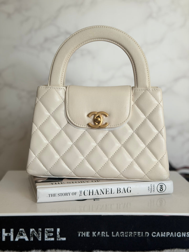 CHANEL White Calf skin Aged GHW Kelly Shopping Bag Size Small 2026