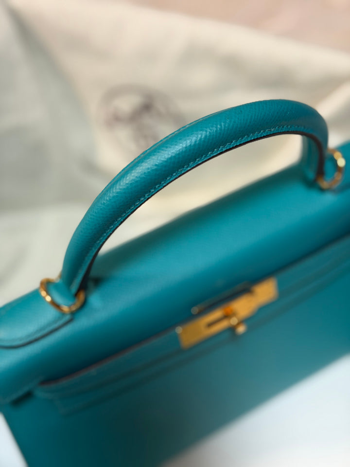 Hermes Kelly 28 Sellier Epsom Leather SO Bleu Paon GHW Stamp D 2019