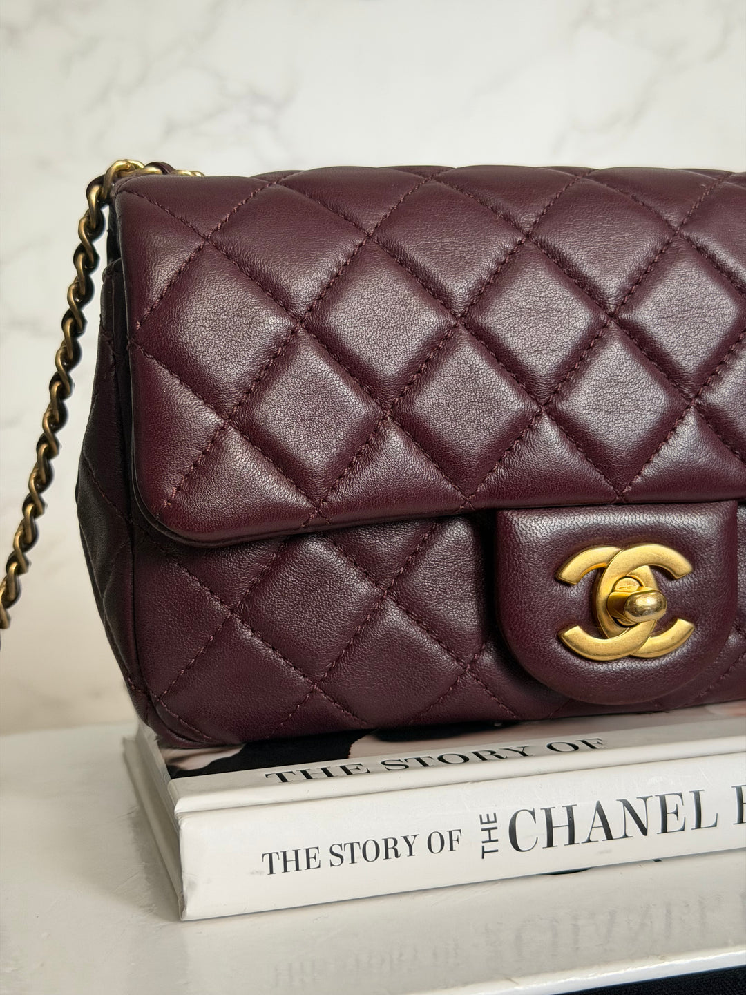 CHANEL 21B Burgundy Lambskin Aged GHW Pearl Crush Mini Rectangular Flap Bag 2021
