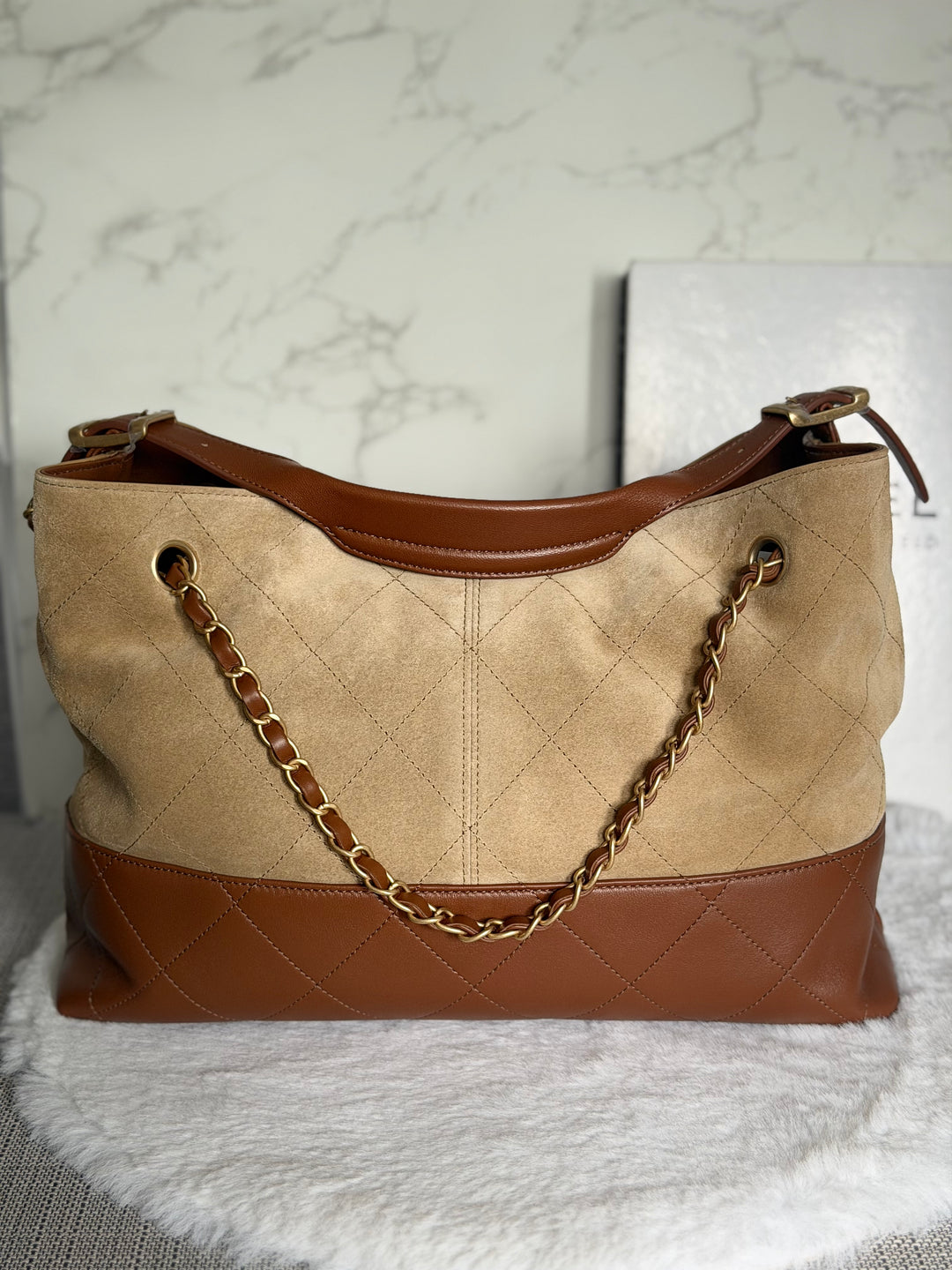 CHANEL 26S Beige Suede and Brown Leather Shopping Tote Bag 2026 size Small