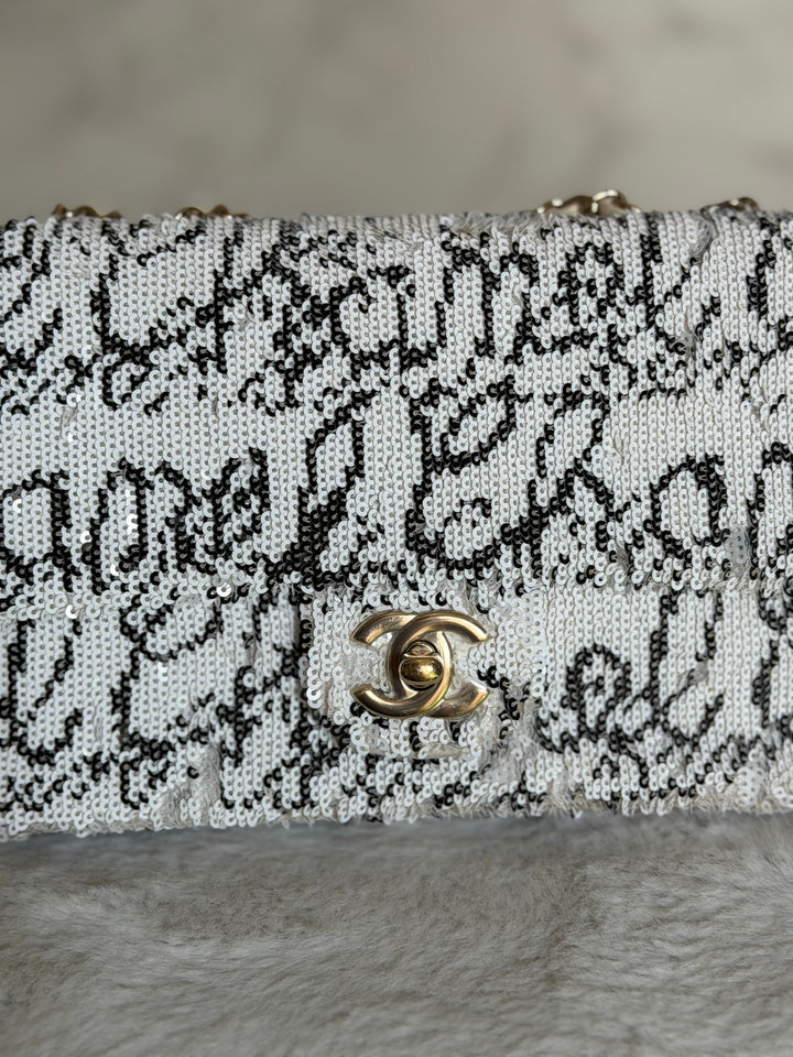 CHANEL 22C White and Black Sequin SMALL Flap Bag LGHW 2022