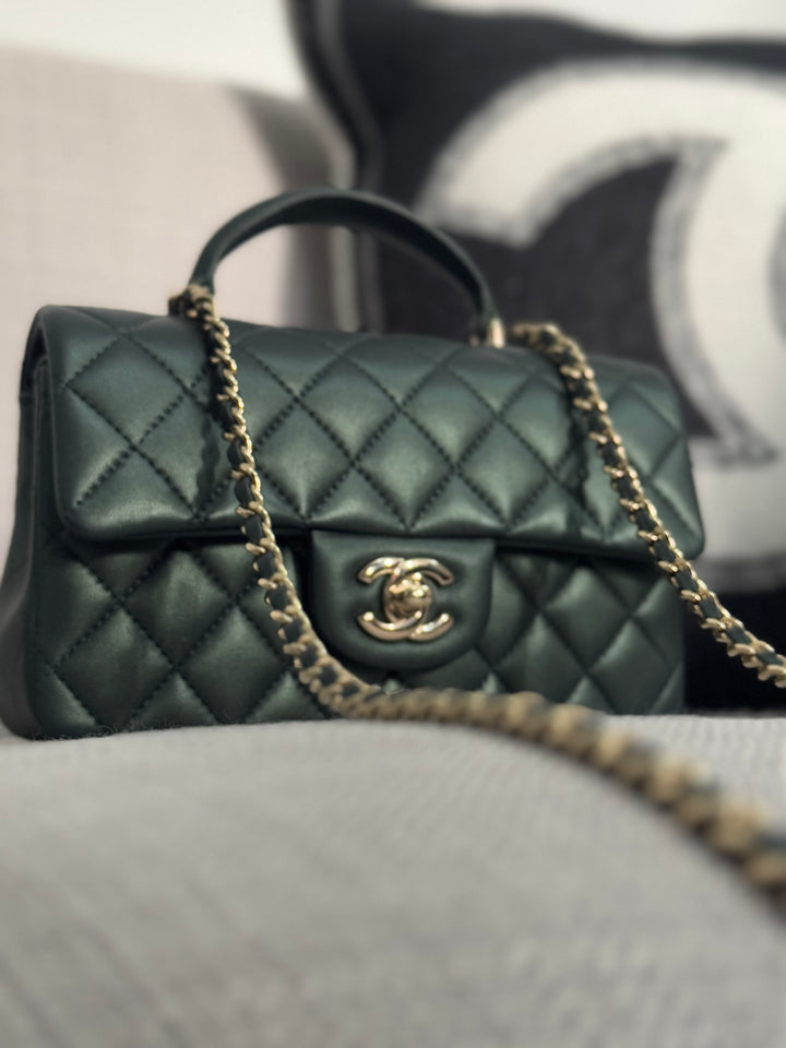 Chanel Iridescent Dark Green Lambskin Mini Rectangular Flap Bag with Top Handle and Champagne GHW