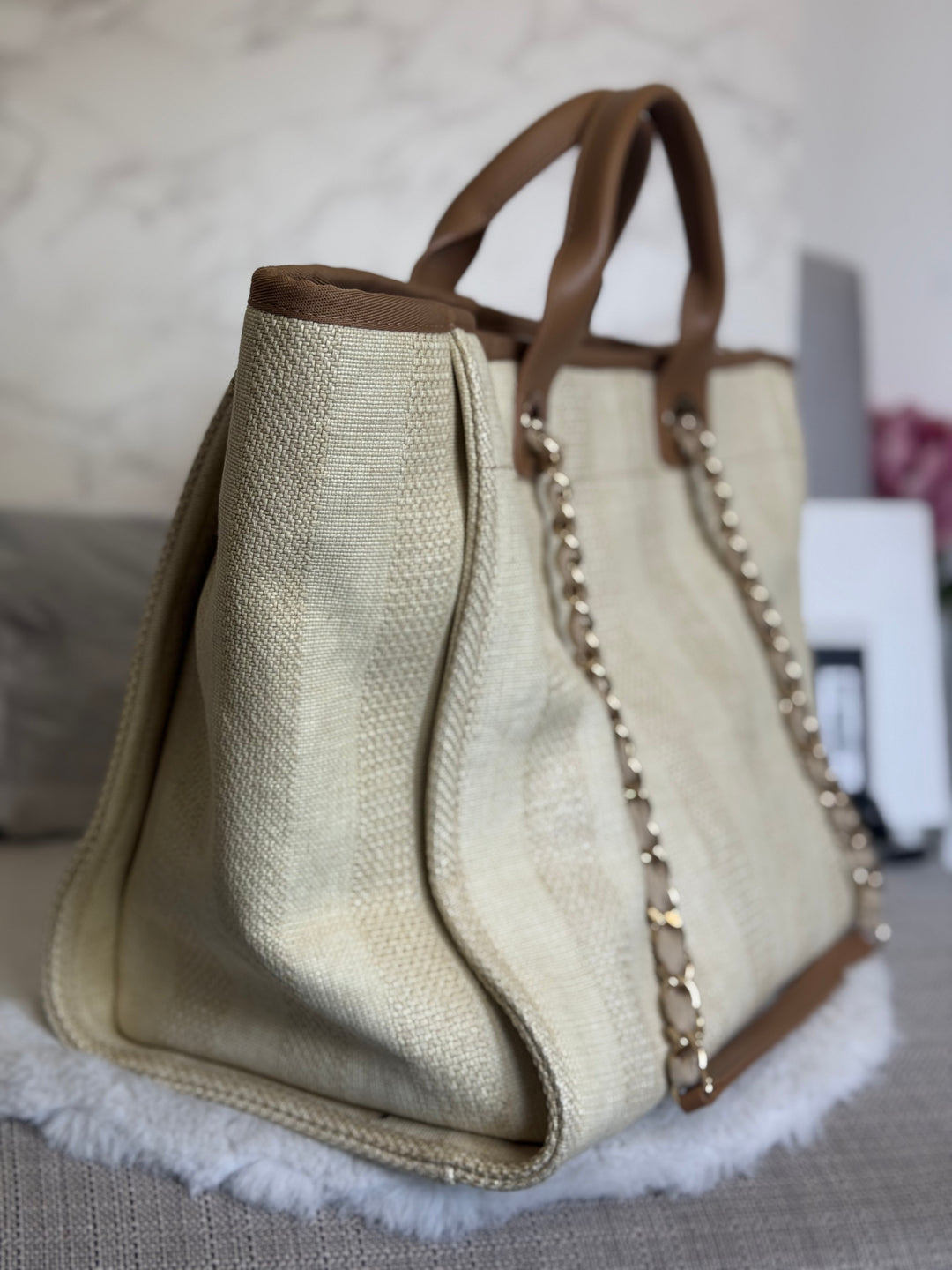 CHANEL series 29 Beige and Brown Stripe Medium 15 inches Deauville Tote Bag 2020