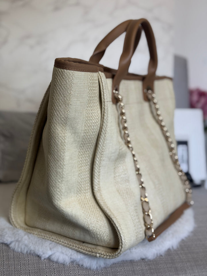 CHANEL series 29 Beige and Brown Stripe Medium 15 inches Deauville Tote Bag 2020