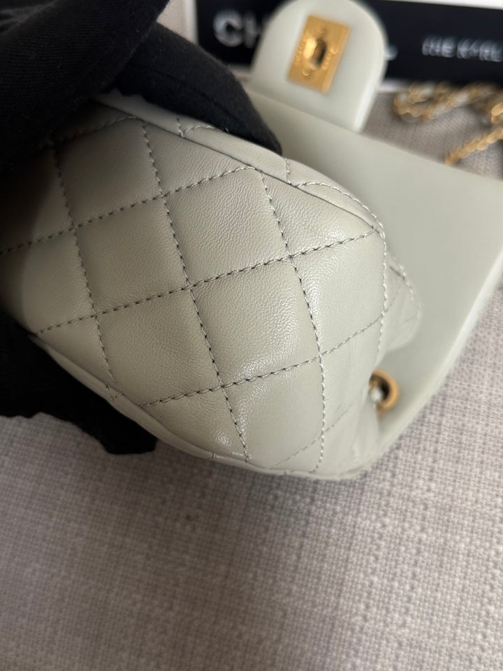 CHANEL Grey Lambskin Aged GHW Pearl Crush Adjustable Chain Mini Rectangular Flap Bag 2021
