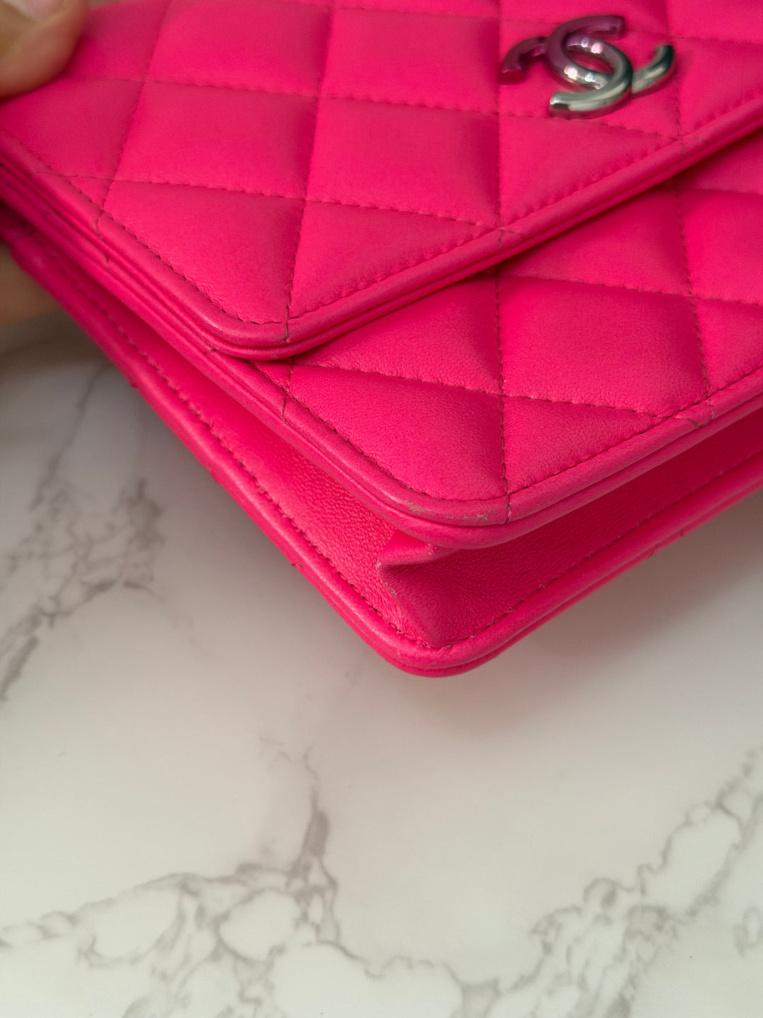 CHANEL 24C 2023/2024 Bright Hot Pink Ombré Hardware Square Wallet on Chain (WOC)