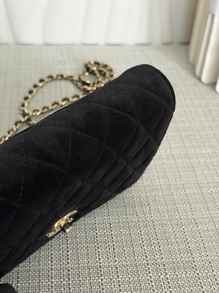 CHANEL 2025 Black Velvet Crystal Pearl Crush Adjustable Strap Wallet on Chain (WOC)