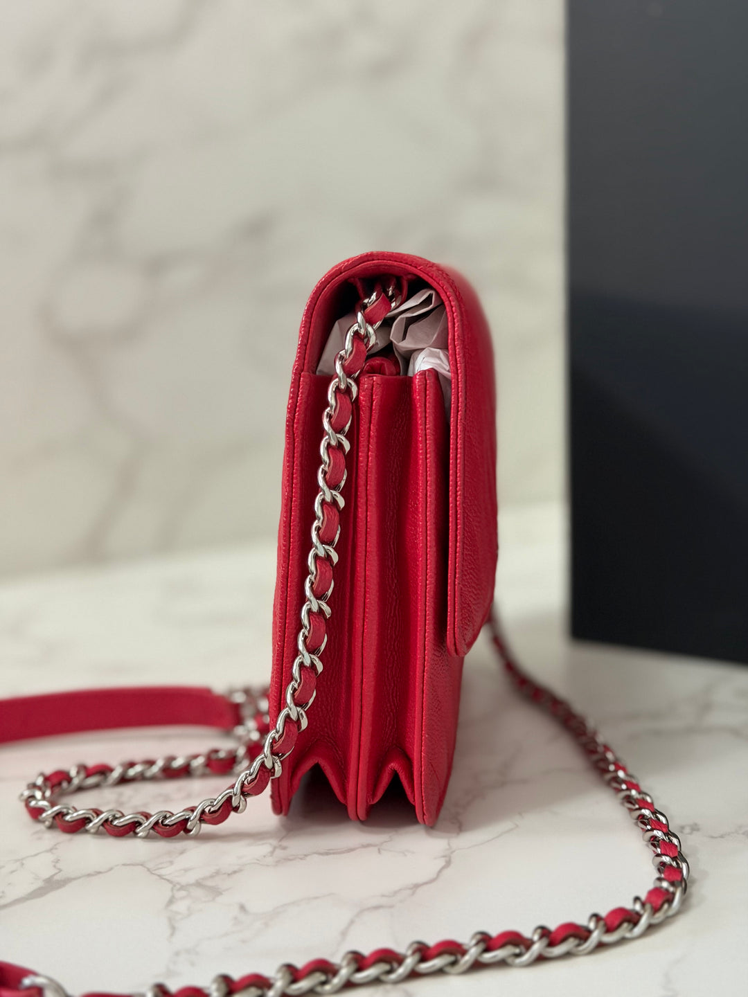 CHANEL series 25 2018 Dark pink chevron caviar SHW Square Wallet On Chain (WOC)