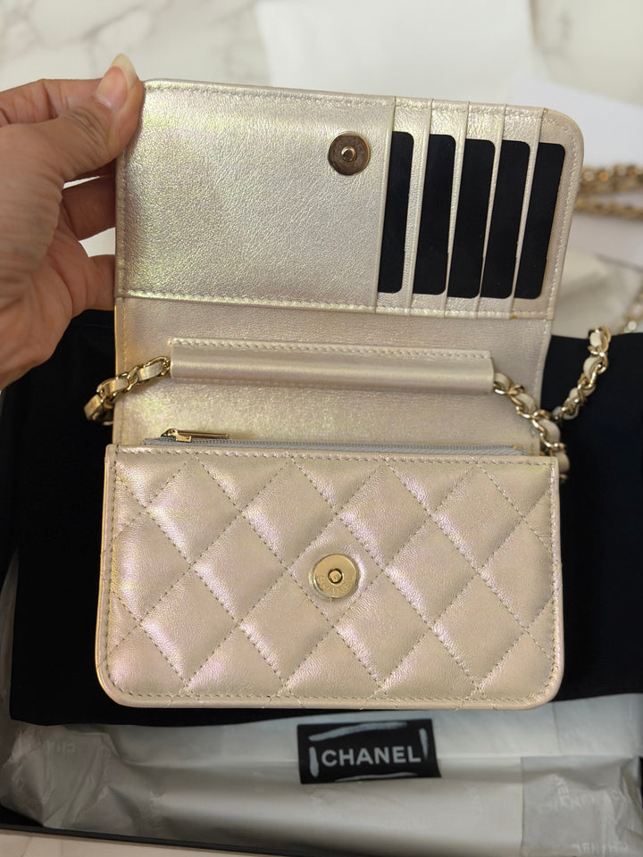 CHANEL series 31 20B Ivory Calf Skin LGHW Mini Wallet on Chain (WOC) 6 inches