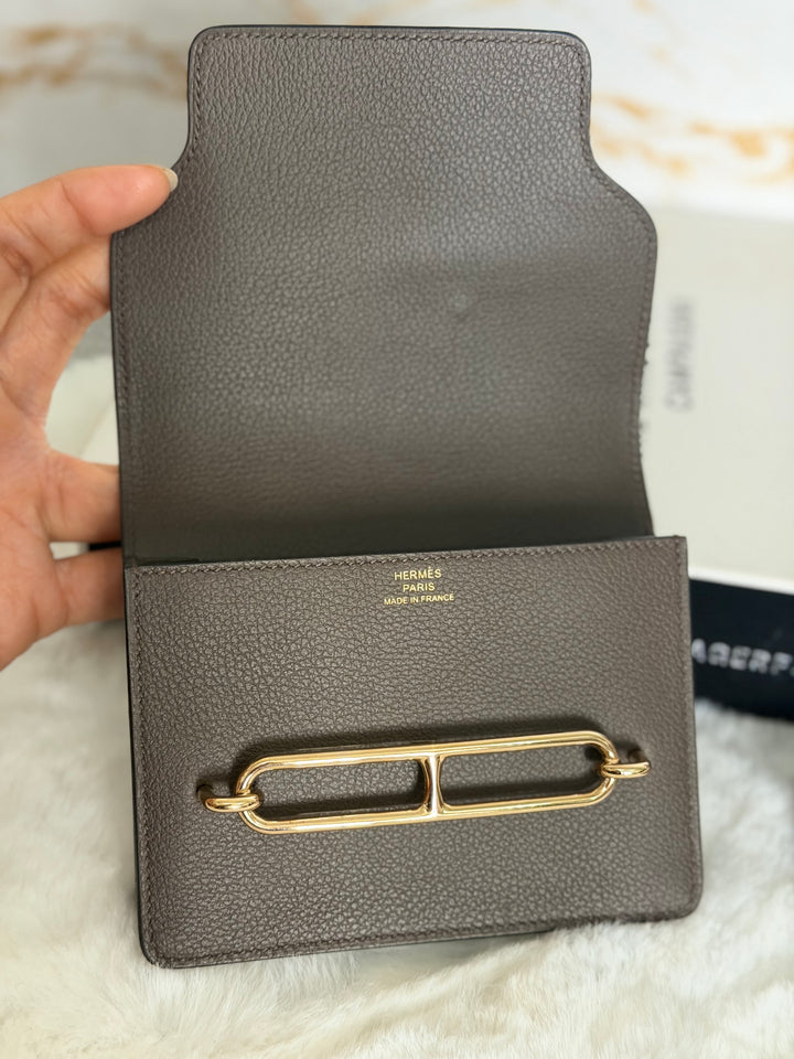 HERMÈS Mini Roulis Slim Wallet in Ecorce outer and Etoupe inner Evercolor leather GHW