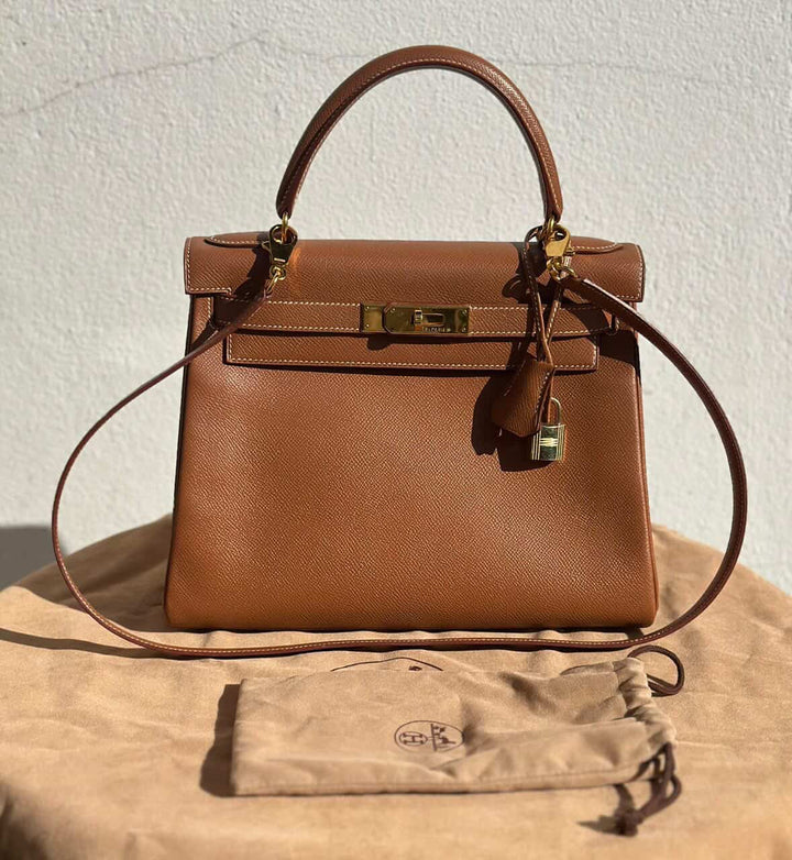 Hermes Gold Retourne Courcheval Leather GHW Vintage Stamp A in Sq (1997) Kelly 28