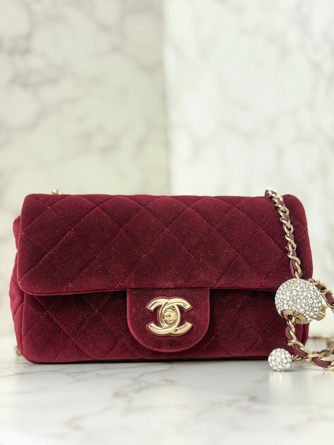 CHANEL series 31 Burgundy Dark Red Velvet Crystal Pearl Crush Adjustable Strap Mini Rectangular Flap Bag 2020/2021
