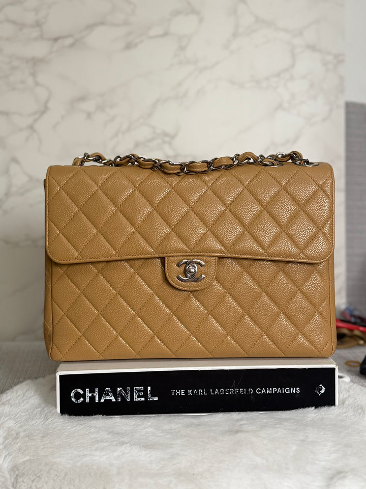 CHANEL series 6 Dark Beige Caviar SHW Vintage Jumbo Single Flap Bag