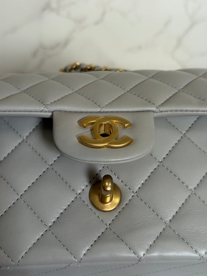 CHANEL 21A Grey Lambskin Aged GHW Top Handle Mini Rectangular Flap Bag 2021