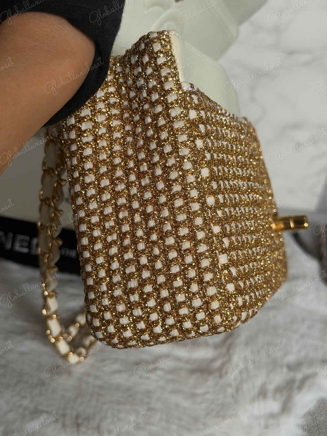CHANEL series 17 Beige/Ivory Gold Tweed Medium ML Timeless Classic Double Flap Bag 2012 with LGHW