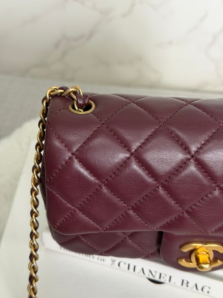 CHANEL 21B Burgundy Lambskin Aged GHW Pearl Crush Adjustable Chain Mini rectangular flap Bag 2021