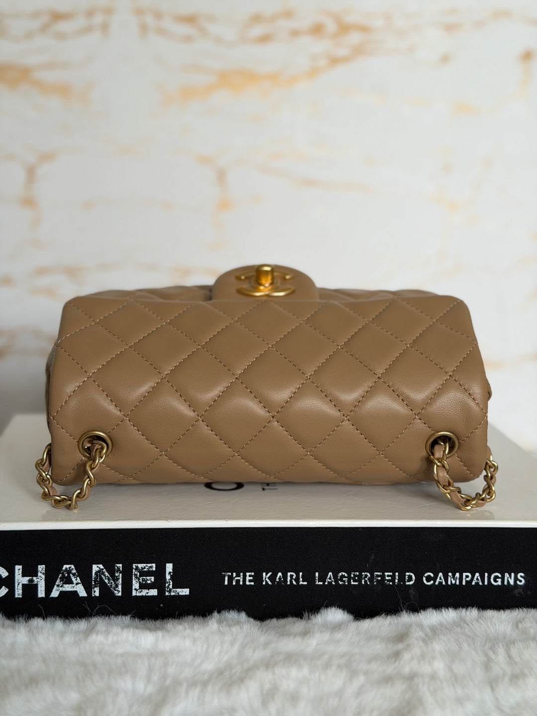 CHANEL 22B Taupe Dark Beige Lambskin Aged GHW Pearl Crush Adjustable Chain Mini Rectangular Flap Bag 2022