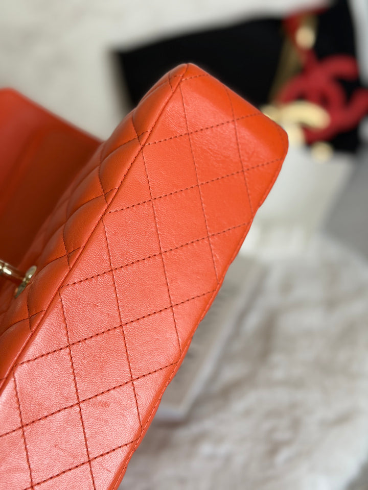 CHANEL 20S Orange Lambskin LGHW Medium ML Timeless Classic Double Flap Bag