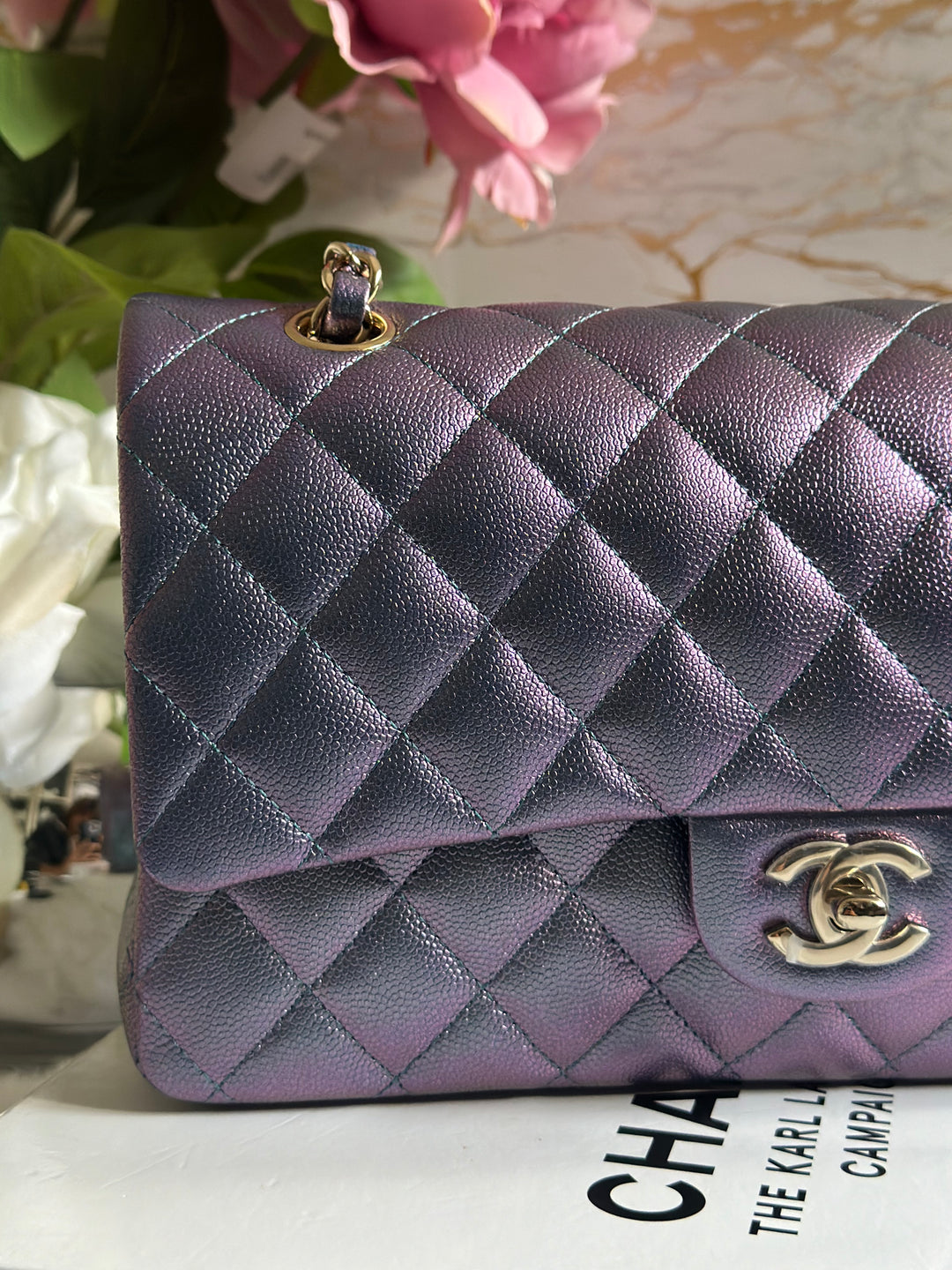 Chanel 22P Iridescent Purple Caviar LGHW Medium ML Timeless Classic Double Flap Bag