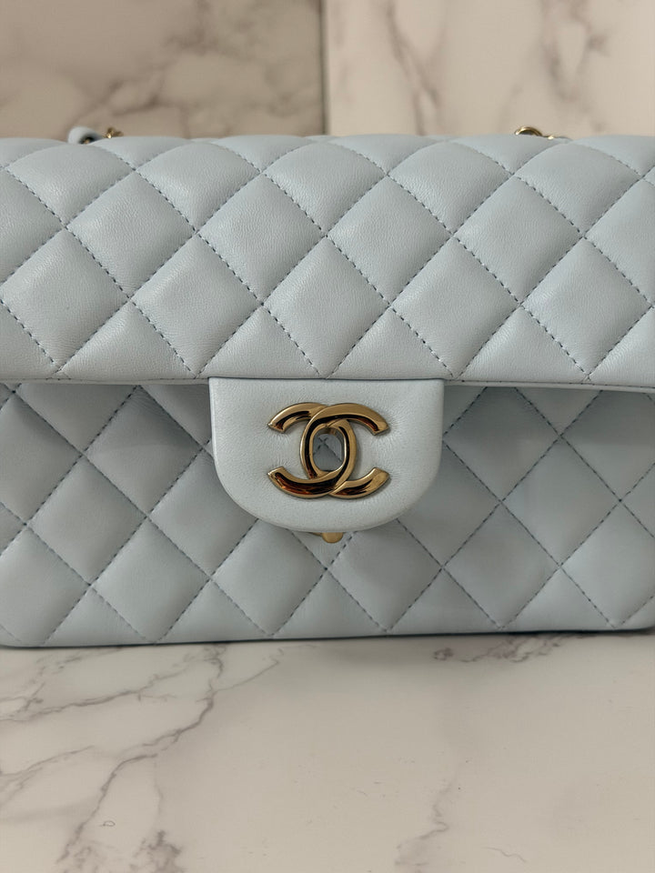 CHANEL 25S collection 2025 Light Baby Blue Lambskin LGHW Mini Rectangular Flap Bag