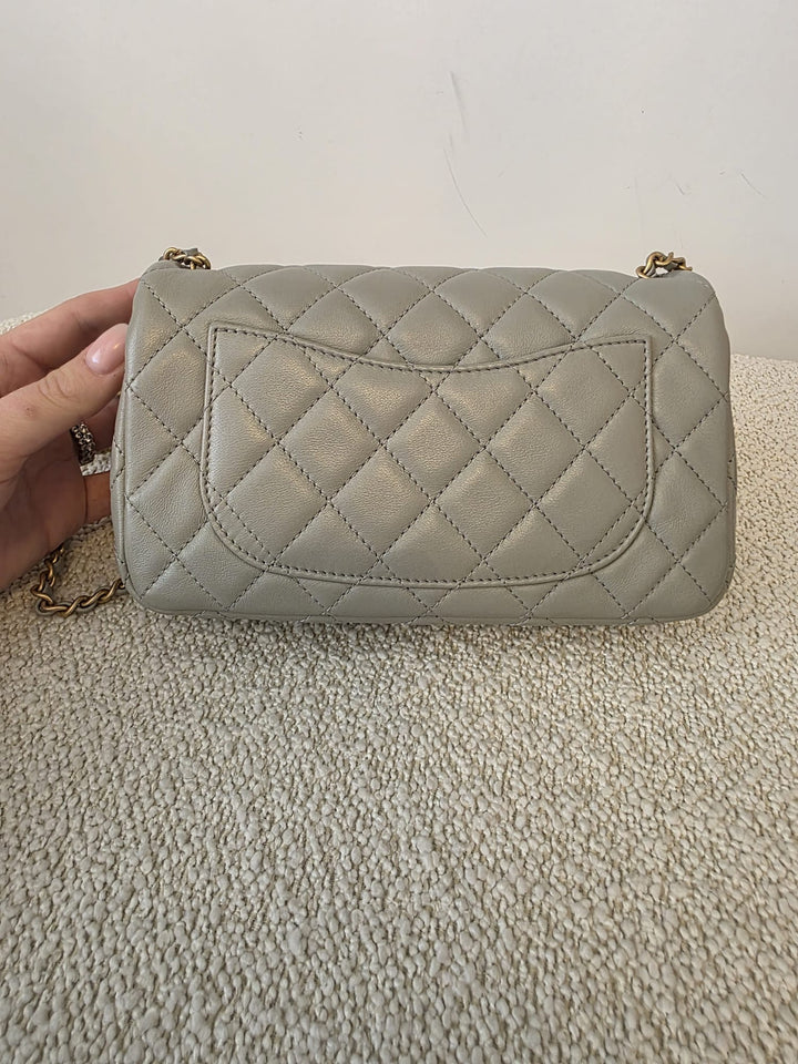 CHANEL Grey Lambskin Adjustable Chain Pearl Crush Mini Rectangular Flap Bag with Aged GHW