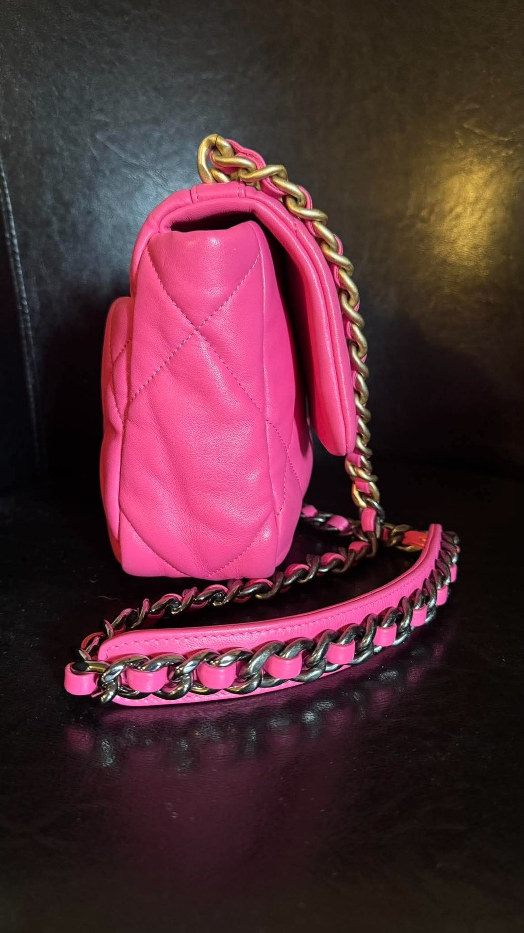 CHANEL 19 size Small in Hot Pink Lambskin Mixed Hardware Flap Bag Microchipped