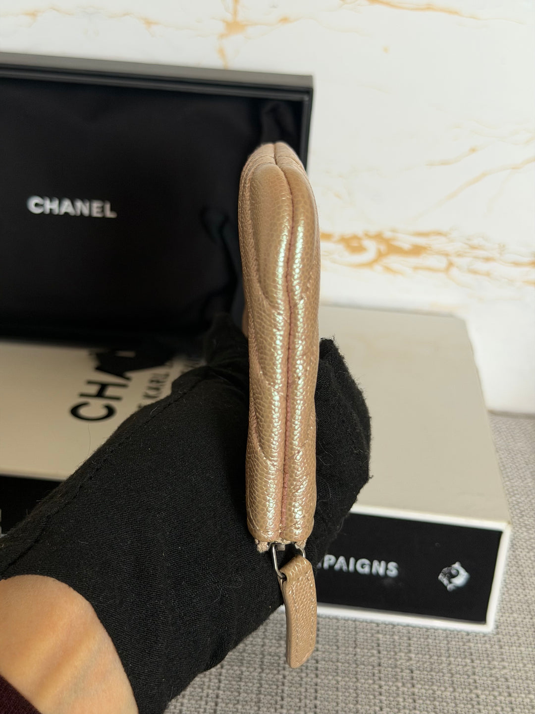 CHANEL series 27 Rose Gold Iridescent Caviar Chevron SHW Mini O Case Pouch 15 cms