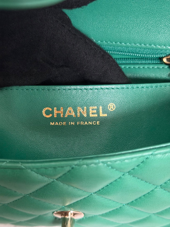 CHANEL Green Lambskin LGHW Mini Rectangular Flap Bag with Top Handle 2022 22A collection