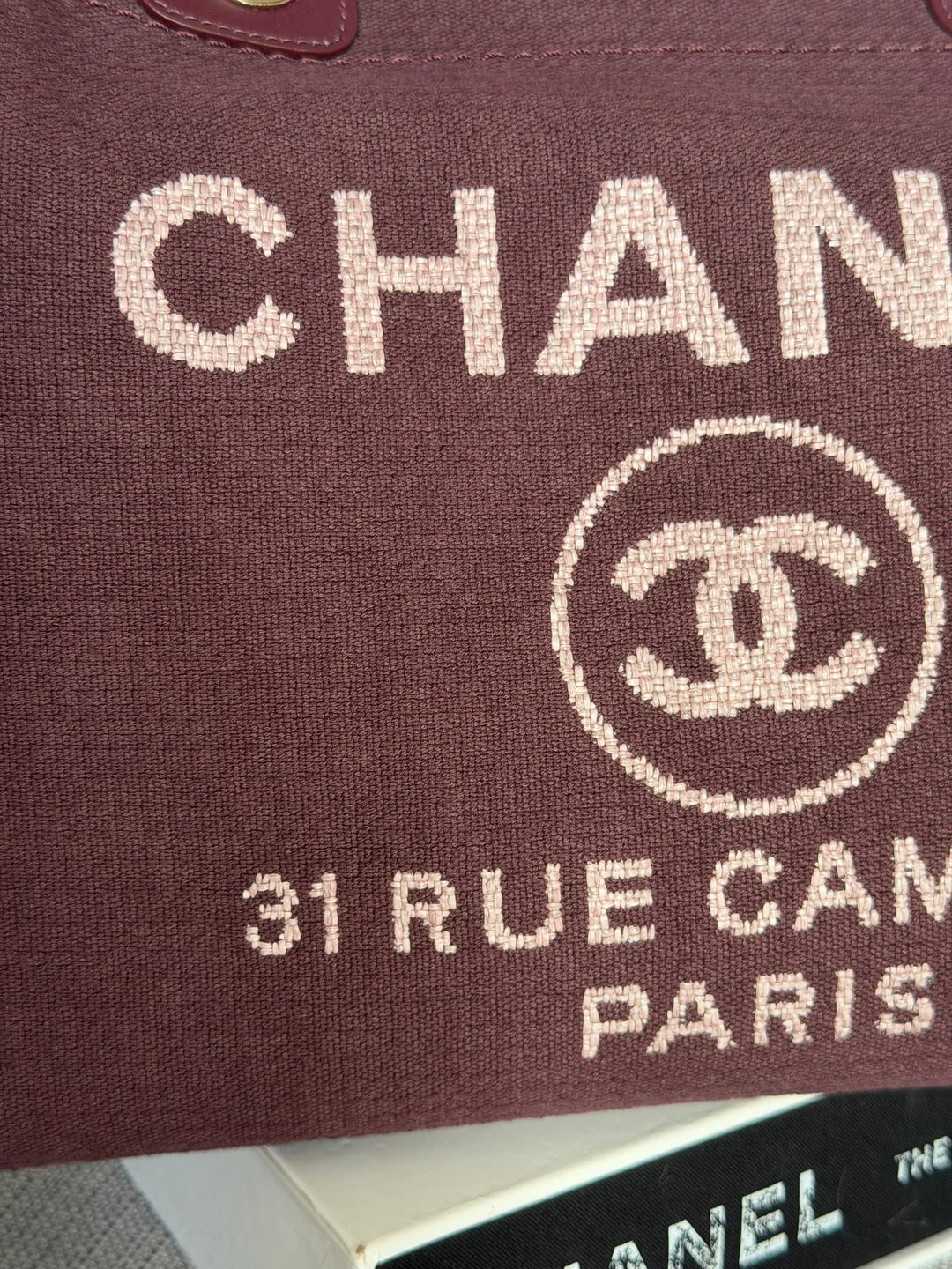 Chanel Burgundy Tweed Deauville Tote with Leather top handle size SMALL 13 inches 2024