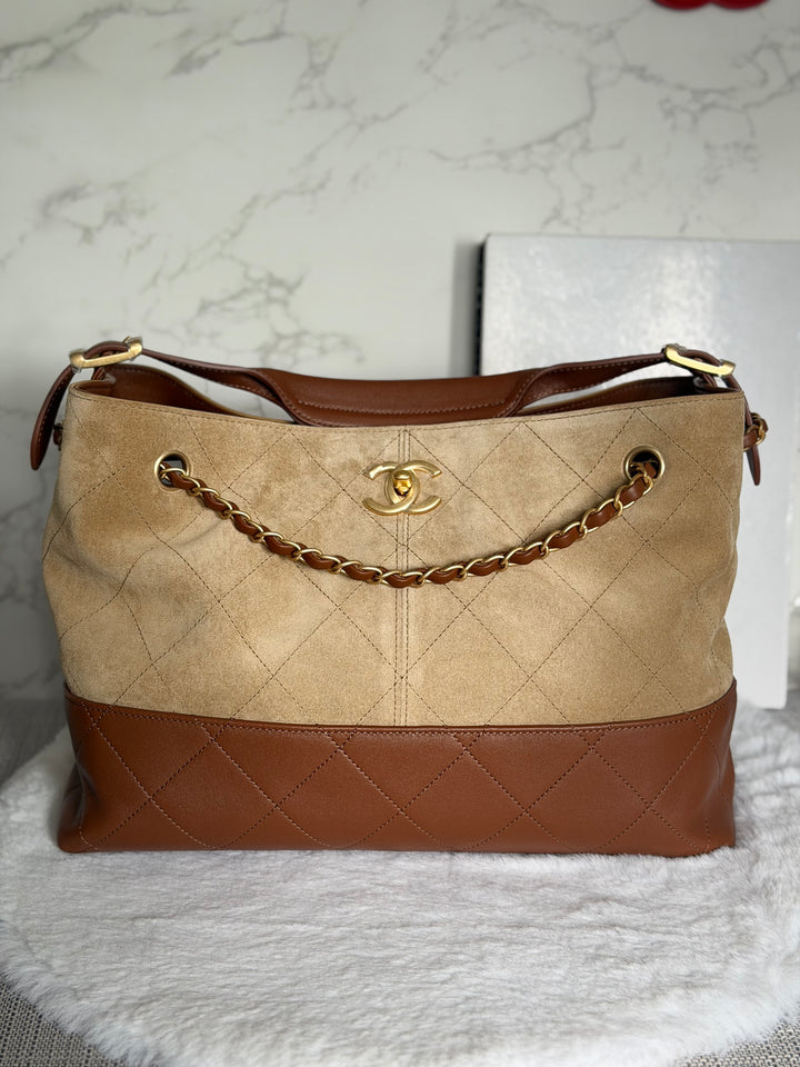 CHANEL 26S Beige Suede and Brown Leather Shopping Tote Bag 2026 size Small