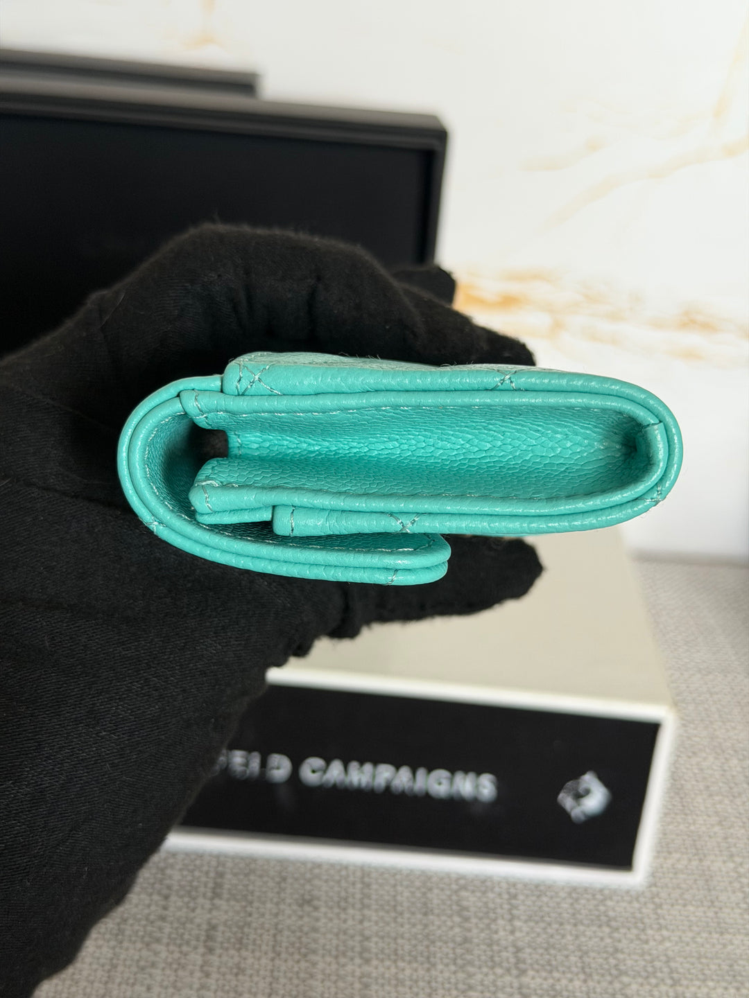 CHANEL 25C Turquoise Caviar LGHW Classic Snap Flap Card holder 2025