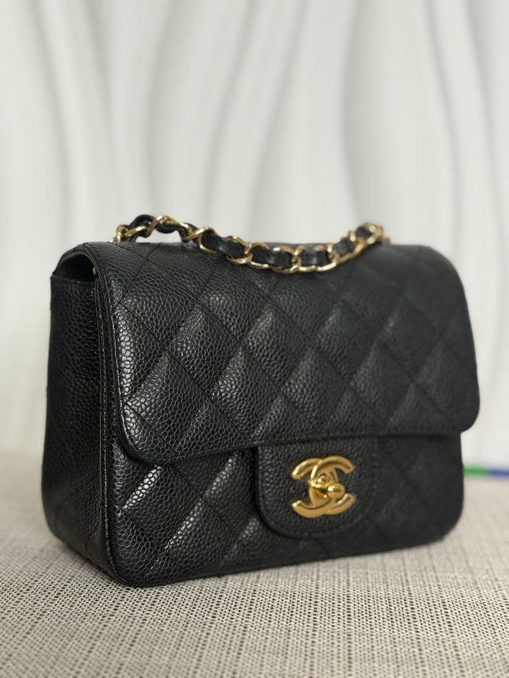 CHANEL series 13 Black Caviar GHW Vintage Square Mini Flap Bag with Edge stitching