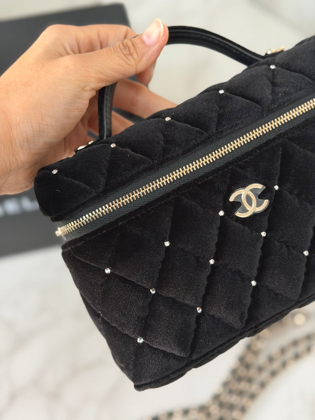 CHANEL 25K 2025 Black Velvet Diamanté Long Vanity with Detachable chain LGHW