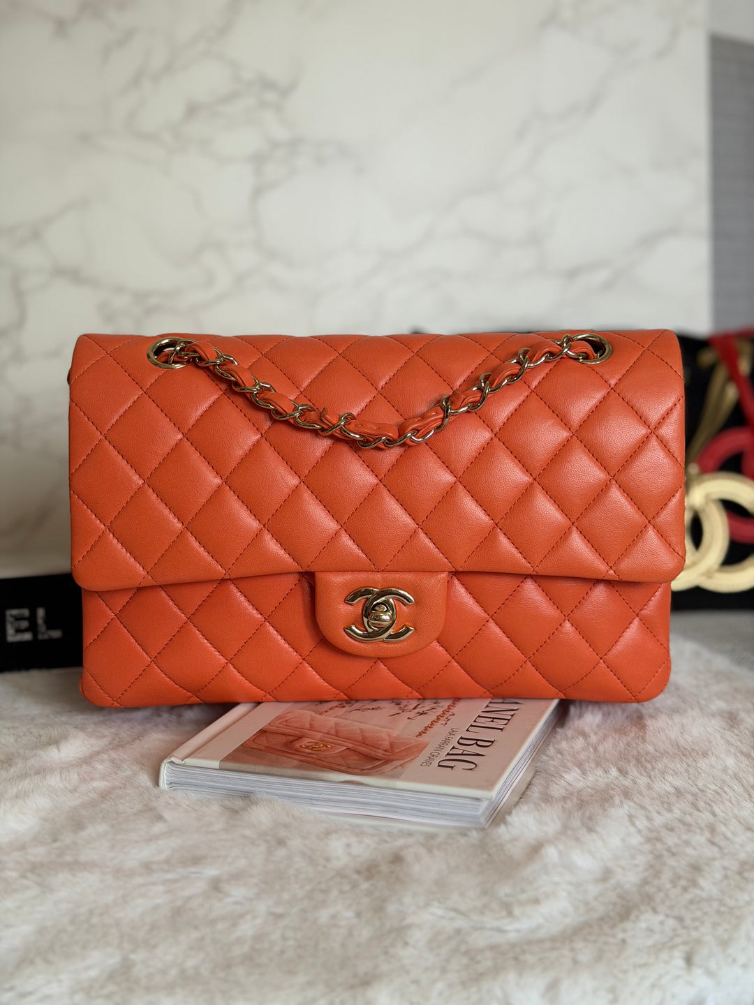 CHANEL 20S Orange Lambskin LGHW Medium ML Timeless Classic Double Flap Bag