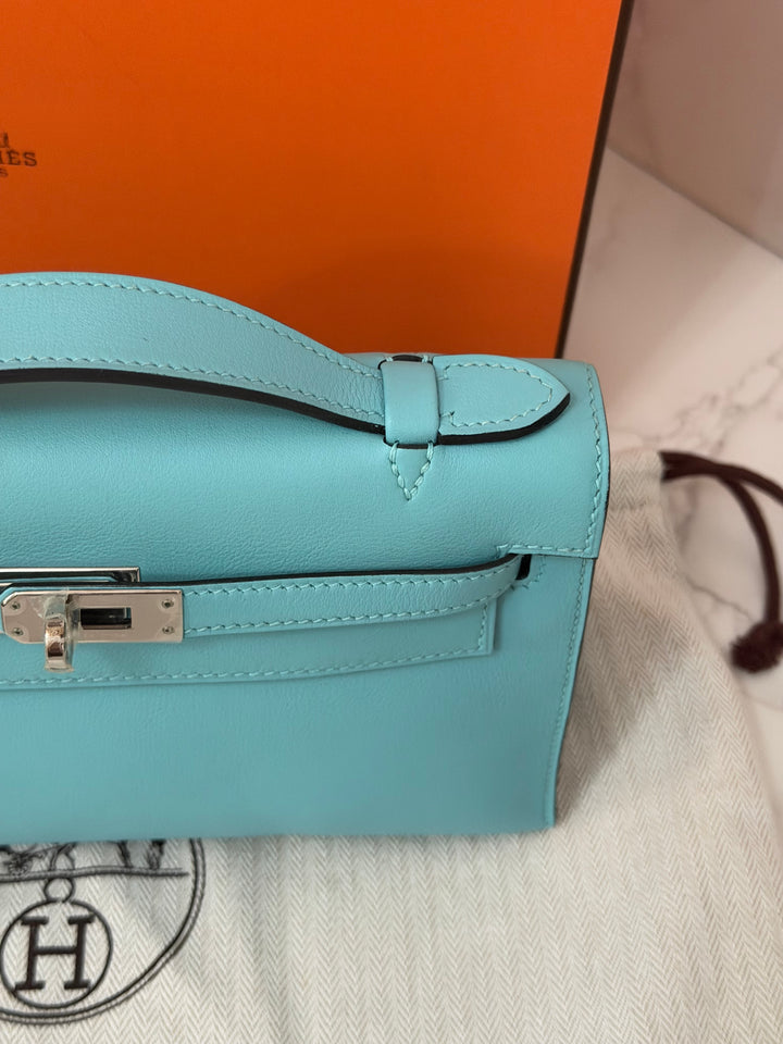 Hermès Kelly Pochette Swift Leather in Bleu Atoll 3P PHW Palladium Hardware Stamp T