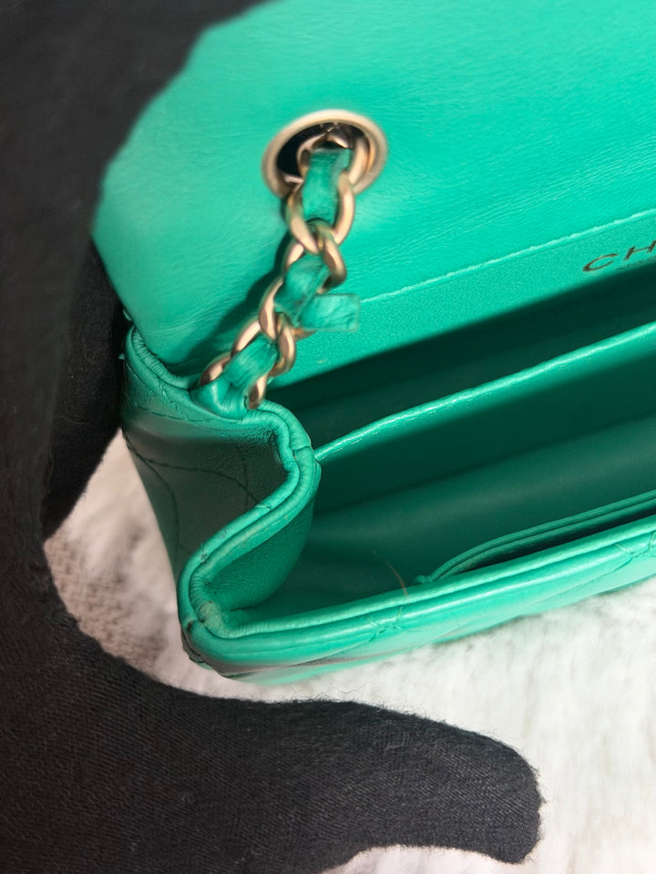 CHANEL series 21 Green Lambskin Brushed GHW Extra Mini Flap Bag 7.5 inches (discontinued line)