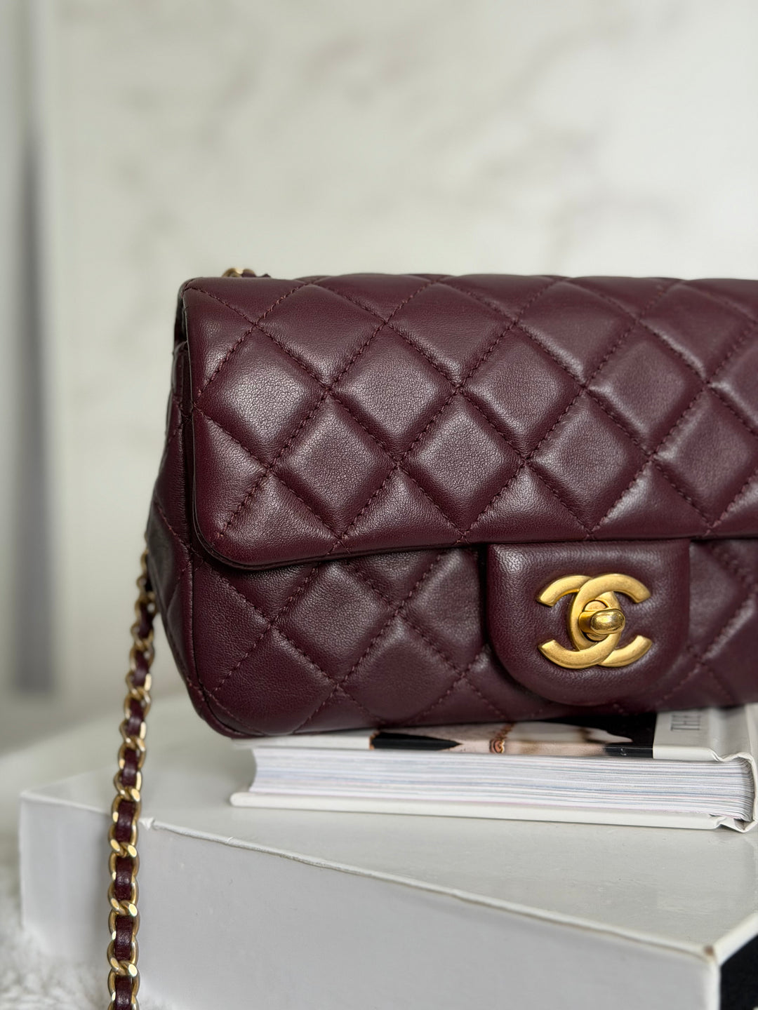 CHANEL 21B Burgundy Lambskin Aged GHW Pearl Crush Adjustable Chain Mini rectangular flap Bag 2021