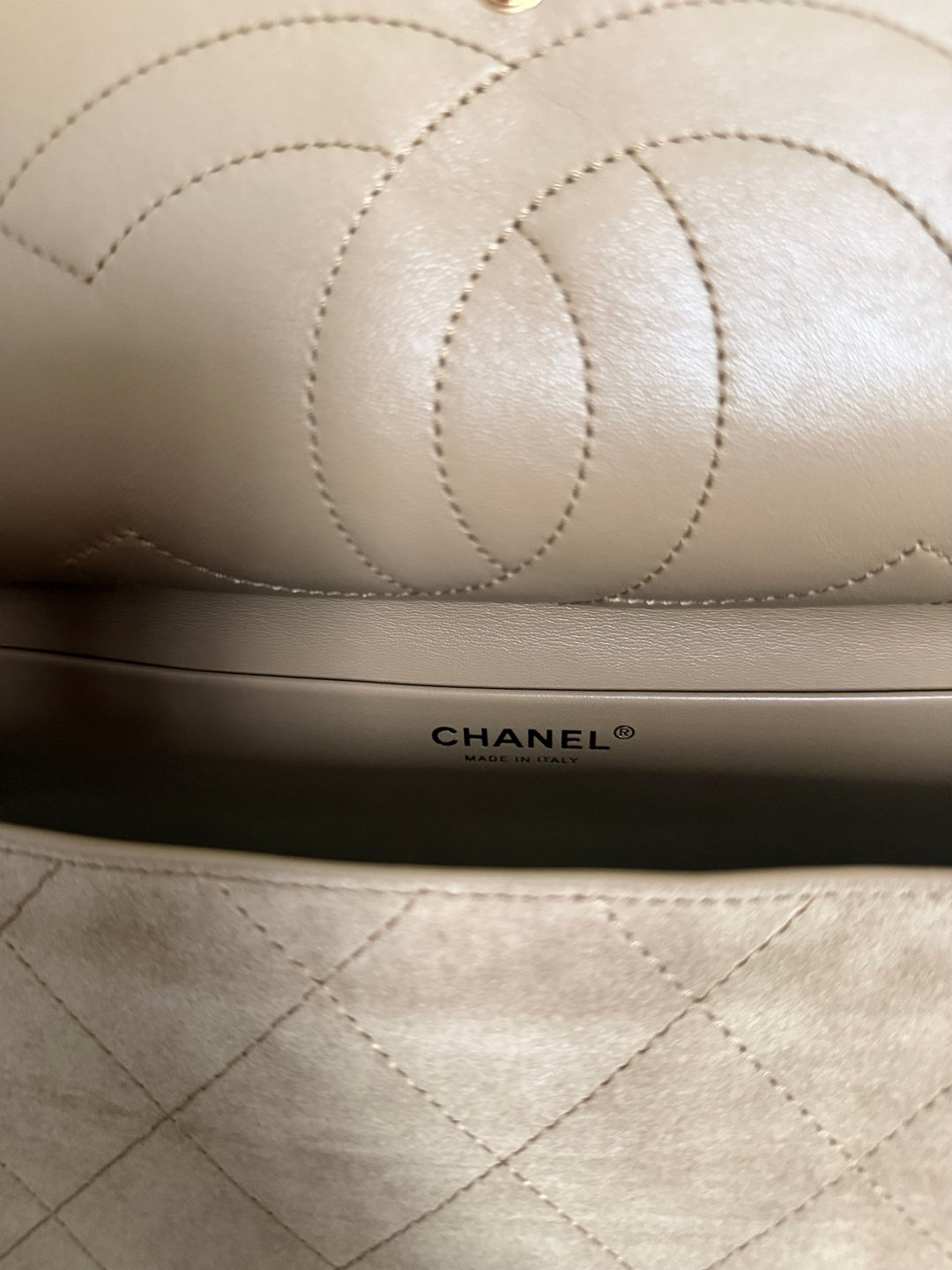 CHANEL 26S Beige Suede Leather LGHW Maxi Flap Bag 32 cms