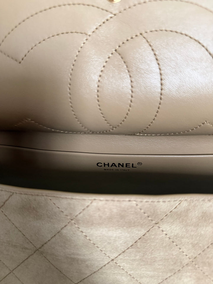 CHANEL 26S Beige Suede Leather LGHW Maxi Flap Bag 32 cms