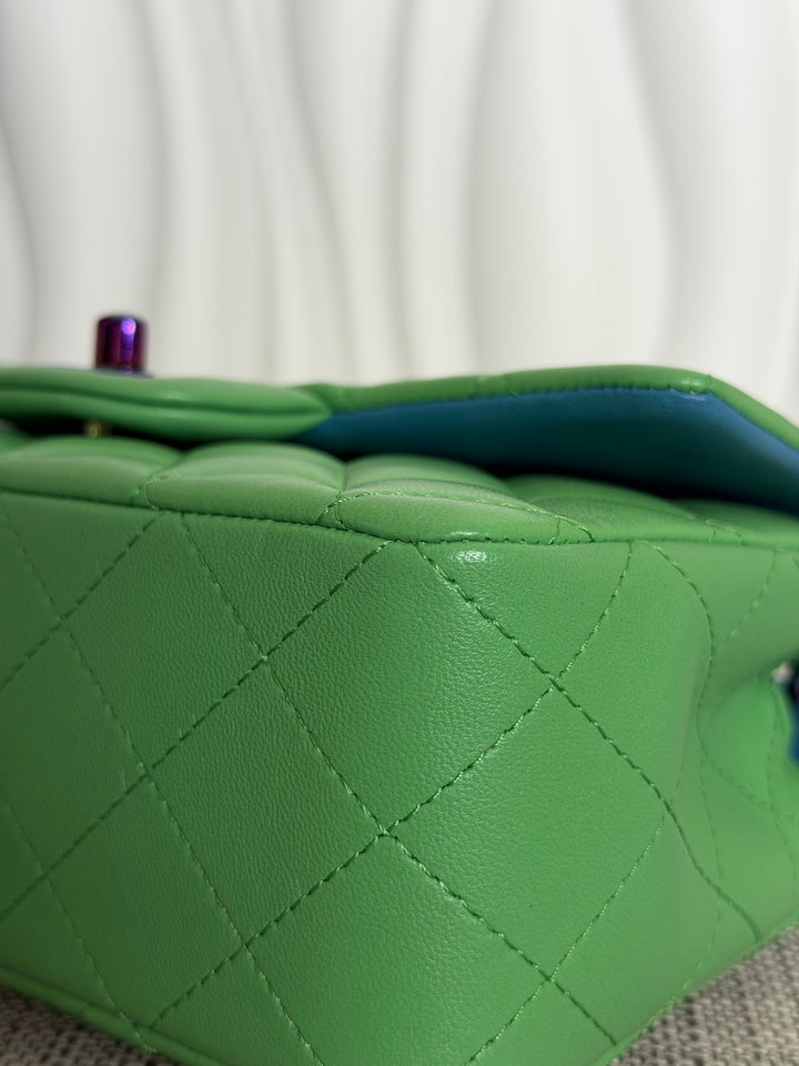 CHANEL series 31 21P Two Tone Green Blue Lambskin Rainbow Iridescent Hardware Mini Rectangular Flap Bag 2021