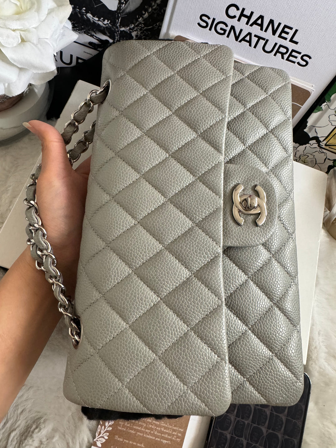 CHANEL series 19 Grey Caviar SHW Medium ML Double Flap Bag 14B collection 2014