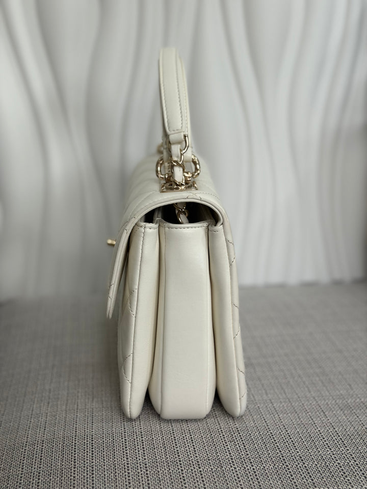 CHANEL 23S collection 2023 White Lambskin LGHW Trendy CC Flap Bag size Small with raised CHANEL Engraved Plate Top Handle