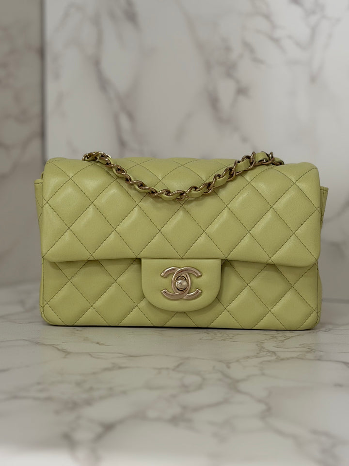 CHANEL 23C Collection 2022/2023 Cruise Pistachio Green Lambskin Mini Rectangular Flap Bag with Champagne GHW