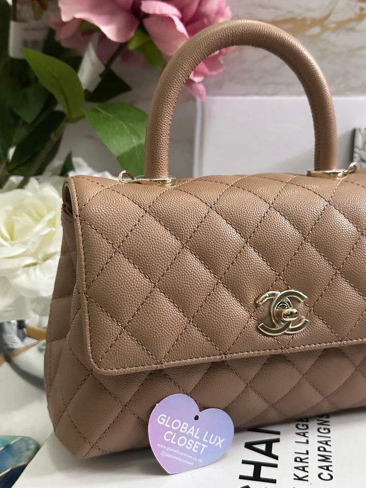 Chanel 22K Pre Fall/Winter 2022 Dark Beige Caviar LGHW Coco Handle Size Small with detachable strap